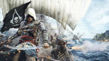Edward Kenway and his crew on the deck of the Galky during a naval battle