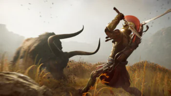 A Spartan warrior battling a mythical bull (Assassin's Creed Odyssey)