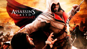 Ezio Auditore da Firenze in the heat of battle, with Rome ablaze in the background