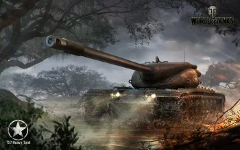 американский тяжелый танк t57 в густом тумане на фоне старых деревьев, t57 heavy tank, wargaming, world of tanks, движение, лес, леса, мир танков, облака, тучи, танки, туманы, туман, игры