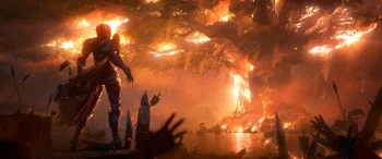сильвана ветрокрылая наблюдает за горящим тельдрассилом, blizzard, warcraft, варкрафт, world of warcraft, битвы, сражения, вов, воины, деревья, персонажи, актеры, пожары, фэнтези, эльфы, игры